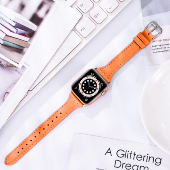 NEW[BAND] Slim ORANGE Strap Leather For Apple Watch - Picture 1 of 3